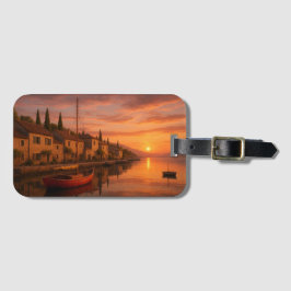 Etiqueta De Bagagem Ouro Sunset Sobre Vila Costeira