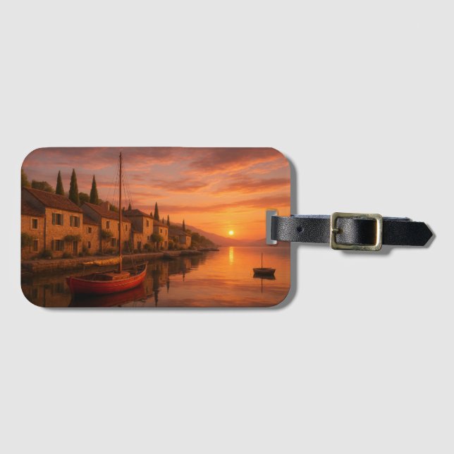 Etiqueta De Bagagem Ouro Sunset Sobre Vila Costeira (Frente Horizontal)