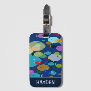 Etiqueta De Bagagem Padrão Abstrato de Peixe Colorido Azul Personaliza
