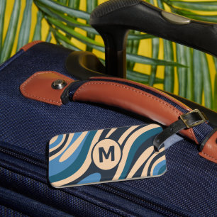 Etiqueta De Bagagem Padrão Abstrato Retro com Laços Ondulados Azul Ini