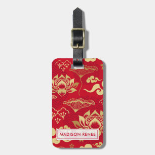 Etiqueta De Bagagem Padrão Asiático de Lótus Floral Chinês Personaliza