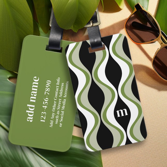 Etiqueta De Bagagem padrão da virilha retrô - monograma - preto-oliva (Custom Luggage Tag - Personalized Bag Tag)