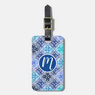 Etiqueta De Bagagem Padrão de Azulejo marroquino pintado com azul