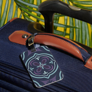 Etiqueta De Bagagem padrão de azulejos florais azulados
