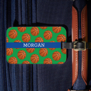 Etiqueta De Bagagem Padrão de Basquete, Nome Branco, Azul & Verde
