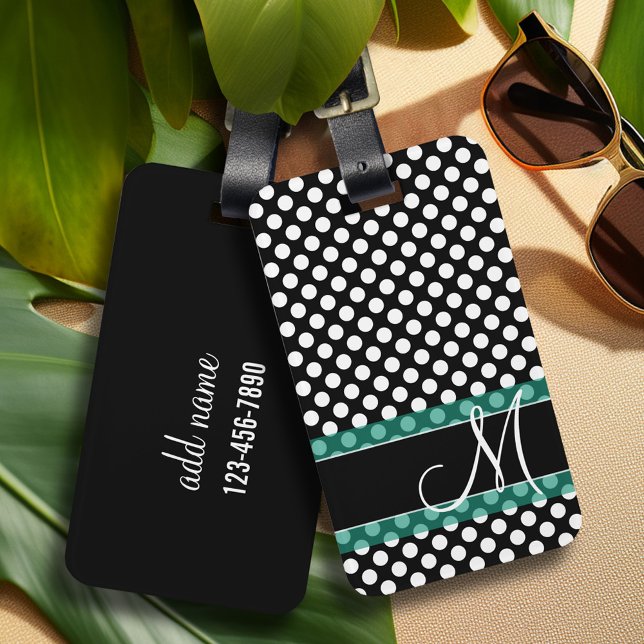 Etiqueta De Bagagem Padrão de bolinhas com Monograma (Personalized luggage tag with retro flower pattern and monogram - add contact information on back)