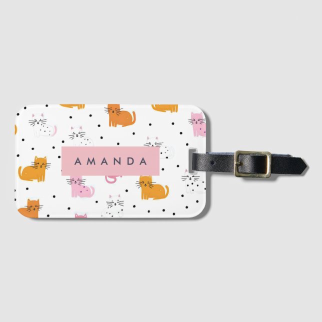 Etiqueta De Bagagem Padrão de Cat Playful Personalizado com Bolinhas (Frente Horizontal)