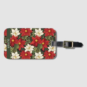 Etiqueta De Bagagem Padrão de Flores de Poinsettia Verde Vermelha