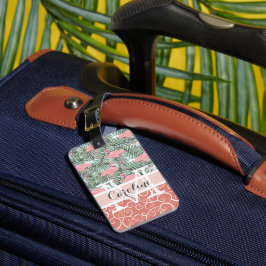 Etiqueta De Bagagem Padrão de folhas de palmeira flamingos rosa person