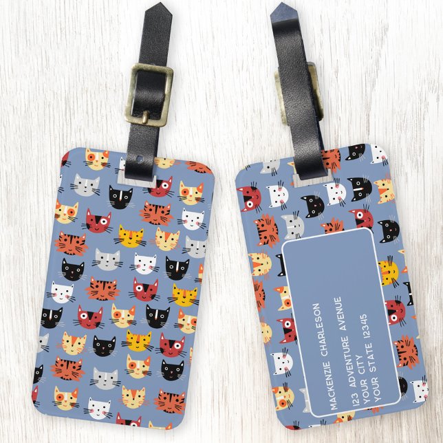Etiqueta De Bagagem Padrão de Gato Bonito (Fun cat personalized luggage tags for animal lovers)