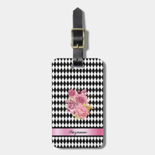 Etiqueta De Bagagem Padrão de Harlequin branco preto com Rosas e nome