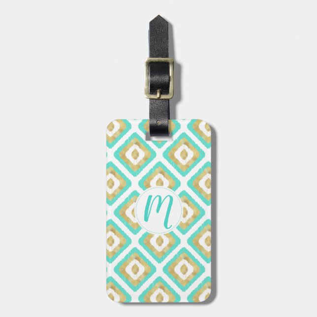 Etiqueta De Bagagem Padrão de Ikat Chic Dourado e Turquoise (Frente Vertical)