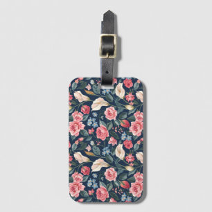 Etiqueta De Bagagem Padrão de Jardim Floral Azul Naval Romântico