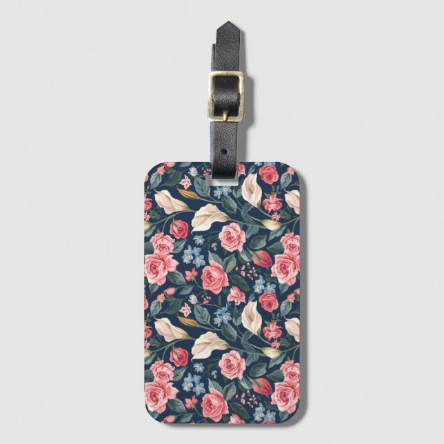 Etiqueta De Bagagem Padrão de Jardim Floral Azul Naval Romântico (Frente Vertical)