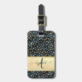 Etiqueta De Bagagem Padrão de Leopardo Chic Preto Bronze Monograma