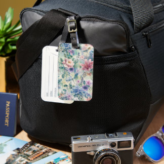 Etiqueta De Bagagem Padrão de Libélula Floral em Aquarela