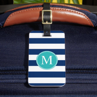 Etiqueta De Bagagem Padrão de Listras Náuticas Azul Marinho Branco Per