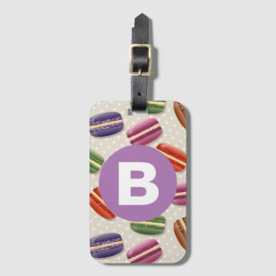 Etiqueta De Bagagem Padrão de Macaroon Fofo com Monograma Roxo Pontilh