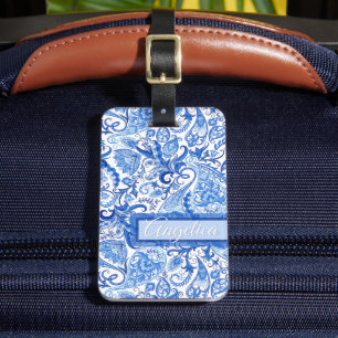 Etiqueta De Bagagem Padrão de Paisley Branco Azul de Vintage Personali
