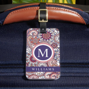 Etiqueta De Bagagem Padrão de Paisley Púrpura, Cor-de-Rosa Azul-Branco