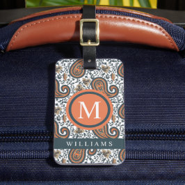 Etiqueta De Bagagem Padrão de Paisley Verde Laranja da Cinza Branca Pe