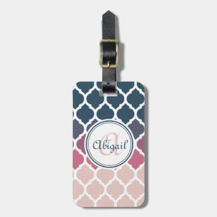 Etiqueta De Bagagem Padrão de trava marroquina azul-rosa monograma