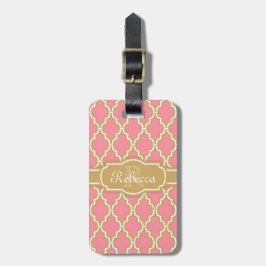 Etiqueta De Bagagem Padrão de Treliça Rosa e Dourado Monogramado