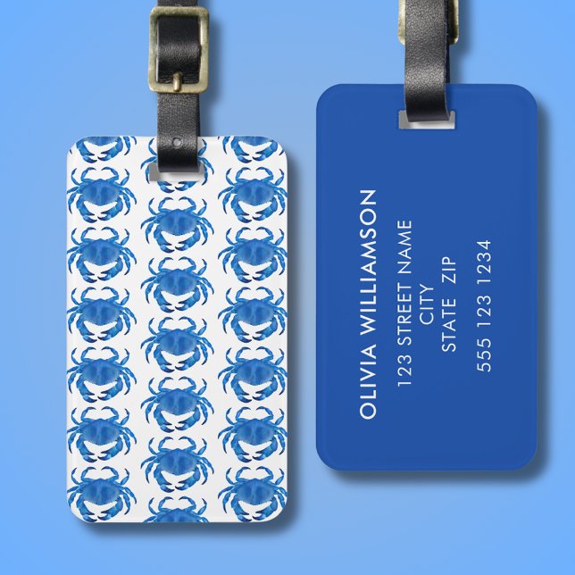 Etiqueta De Bagagem Padrão do oceano do caranguejo azul personalizado (Blue crab luggage tag.  From artists original illustration.  Add your own address details to rear.)
