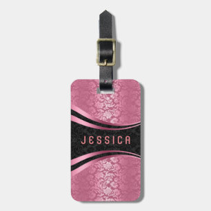Etiqueta De Bagagem Padrão Elegante de Damascos Florais Pretos e Rosa