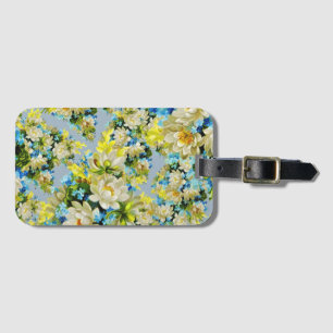 Etiqueta De Bagagem Padrão Floral Amarelo e Azul Vintage