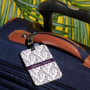 Etiqueta De Bagagem Padrão Floral Boho Moderno Nome em Roteiro Ameixa