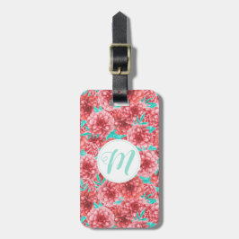 Etiqueta De Bagagem Padrão Floral Coral e Monograma
