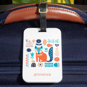 Etiqueta De Bagagem Padrão Floral de Arte Folk Fox Personalizado Nat