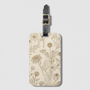 Etiqueta De Bagagem Padrão Floral de Arte Linear Botânica Sépia Antiga