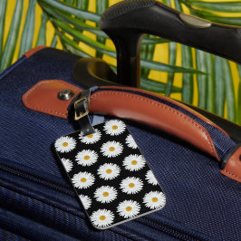 Etiqueta De Bagagem Padrão Floral de Margarida Branca em Preto
