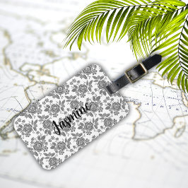 Etiqueta De Bagagem Padrão Floral de Rosas de cinza com Monograma Pers