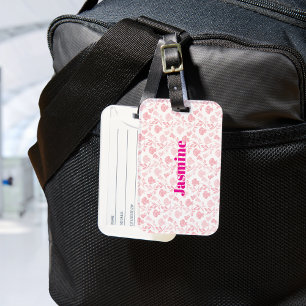 Etiqueta De Bagagem Padrão Floral de Rosas Rosa com Monograma Personal