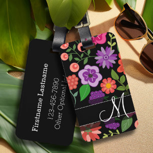 Etiqueta De Bagagem Padrão Floral de Tendência, Rosa Quente e Monogr