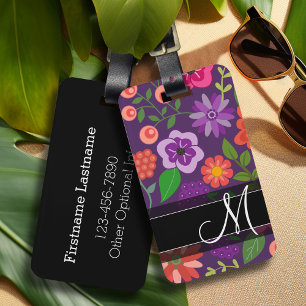 Etiqueta De Bagagem Padrão Floral de Tendência, Roxo e Monograma Pre