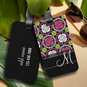 Etiqueta De Bagagem Padrão Floral de Trendy Rosa Quente e Monograma P