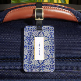 Etiqueta De Bagagem Padrão Floral de Vintagem do Mediterrâneo Azul e B