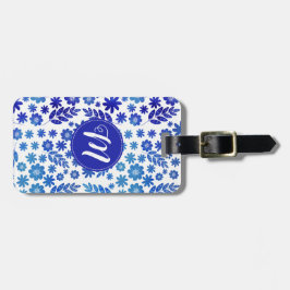 Etiqueta De Bagagem Padrão Floral e Monograma Desenhado à Mão Azul na 