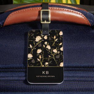 Etiqueta De Bagagem Padrão Floral Ouro Preto Moderno e Elegante