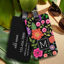 Etiqueta De Bagagem Padrão Floral Preto Trendy com Monograma Personali