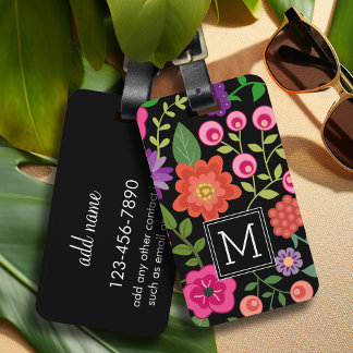 Etiqueta De Bagagem Padrão Floral Preto Trendy com Monograma Personali