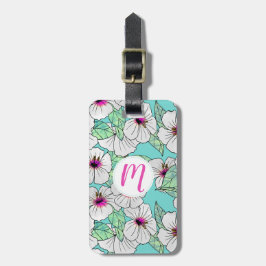 Etiqueta De Bagagem Padrão Floral Tropical de Hibiscus Rosa e Branco