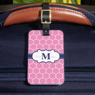 Etiqueta De Bagagem Padrão Geométrico Monograma Rosa e Azul-Marinho
