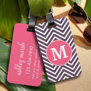 Etiqueta De Bagagem Padrão Girly Chevron com Monograma - Púrpura Rosa