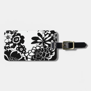 Etiqueta De Bagagem Padrão Gráfico do Jardim Floral Preto e Branco