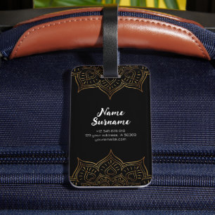 Etiqueta De Bagagem Padrão Indiano Moderno Floral Negro E Dourado